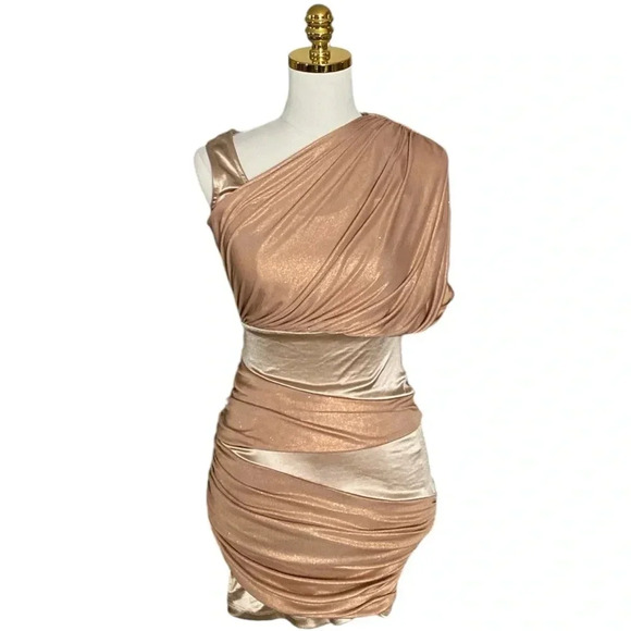 BEBE | Gold Metallic Colorblock Asymmetric Ruched Cocktail Mini Dress Size XS - Picture 2 of 9